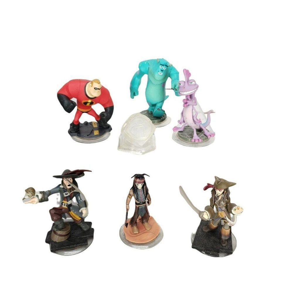 Disney Infinity Lot Of 7 THE INCREDIBLES, Monster Inc Sully, Jack Sparrow